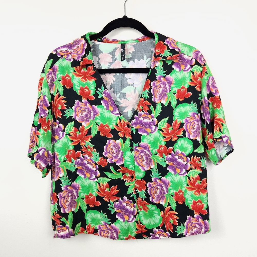 Zara Floral Cropped Boxy Button Down Shirt